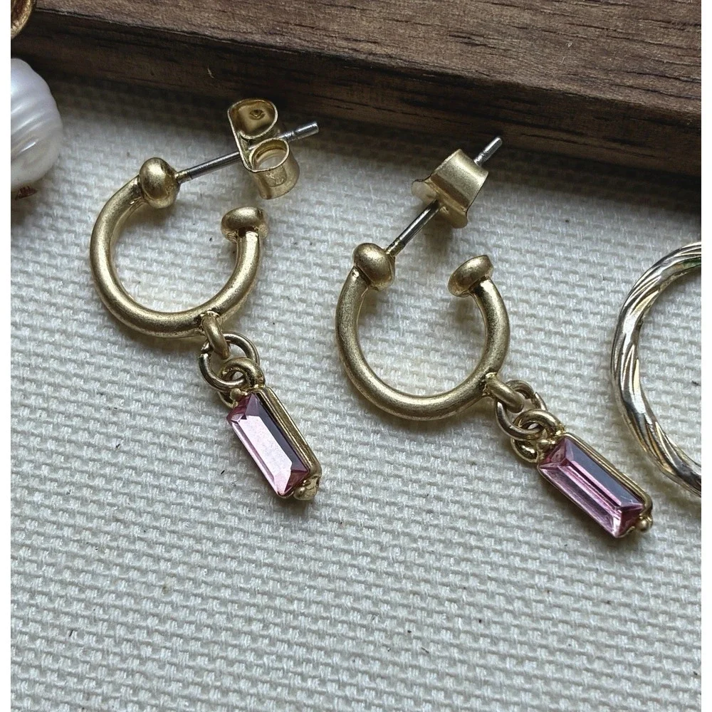 Y2K Gold Tone Earrings Lot Faux Pearl Pink Crystal Hoops Coquette 5 Pairs VTG